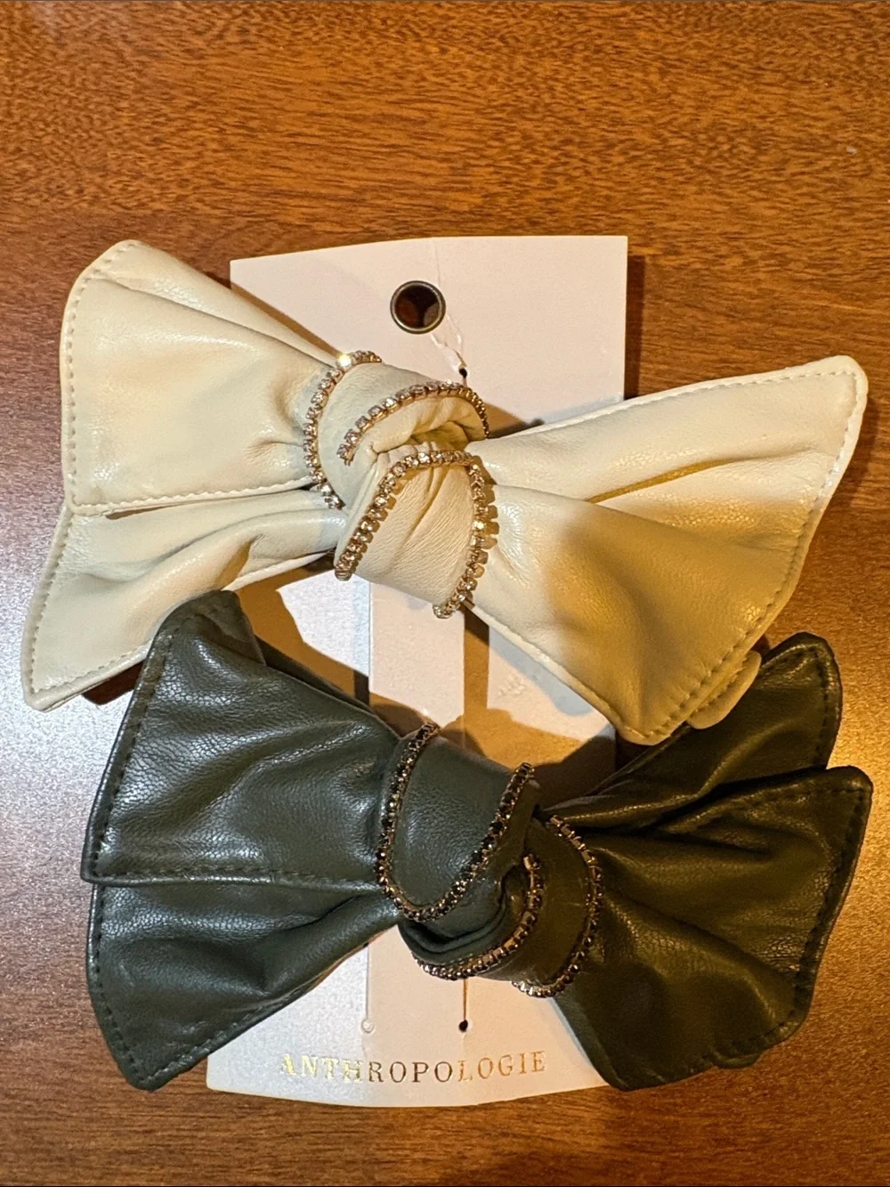 Anthropologie Ivory and Olive Bow Hair Clips - Set of 2